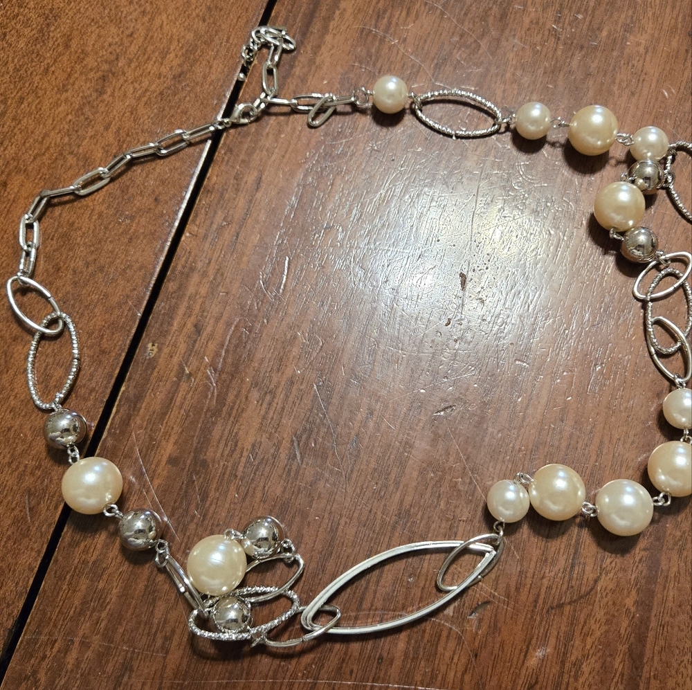 Elegant Silver and Pearl Necklace 32 Inches Long New Without Tags.